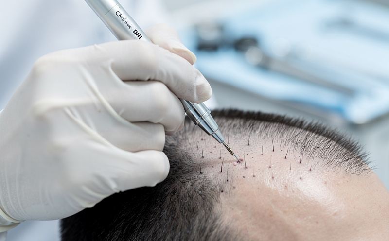 Gros plan de la technique DHI de greffe de cheveux avec stylo implanteur Choi