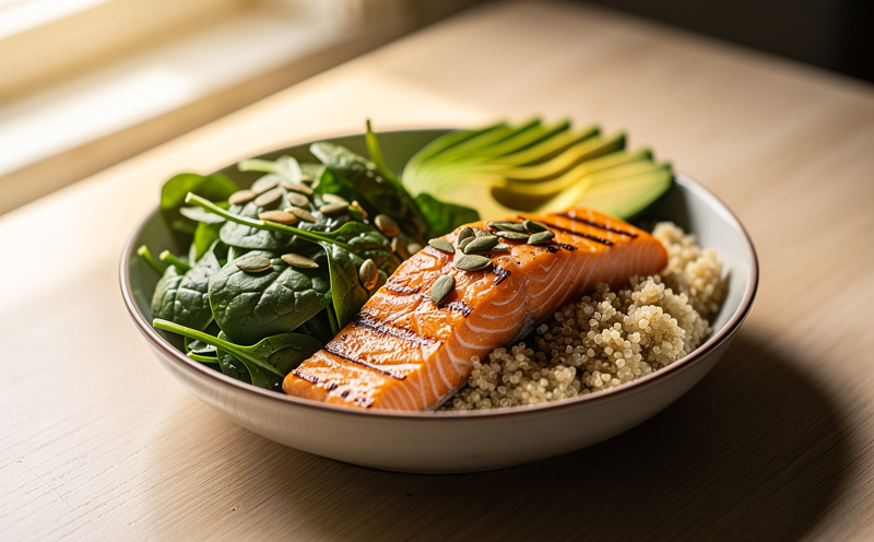 Bol repas équilibré avec saumon, épinards et graines pour la santé des cheveux