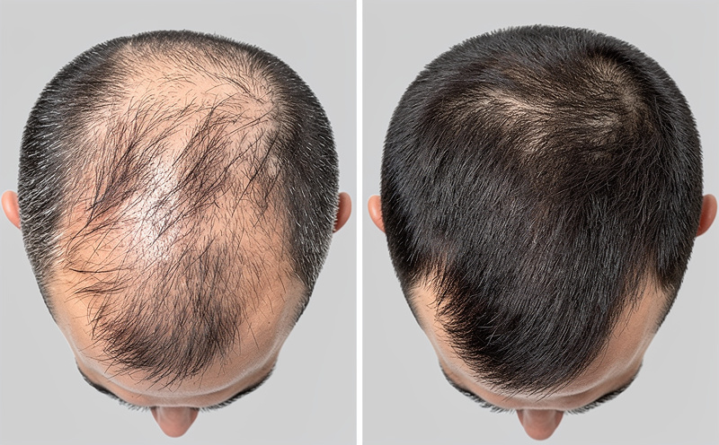 Comparaison avant et après d'une thérapie de rajeunissement du cuir chevelu montrant une densité capillaire améliorée