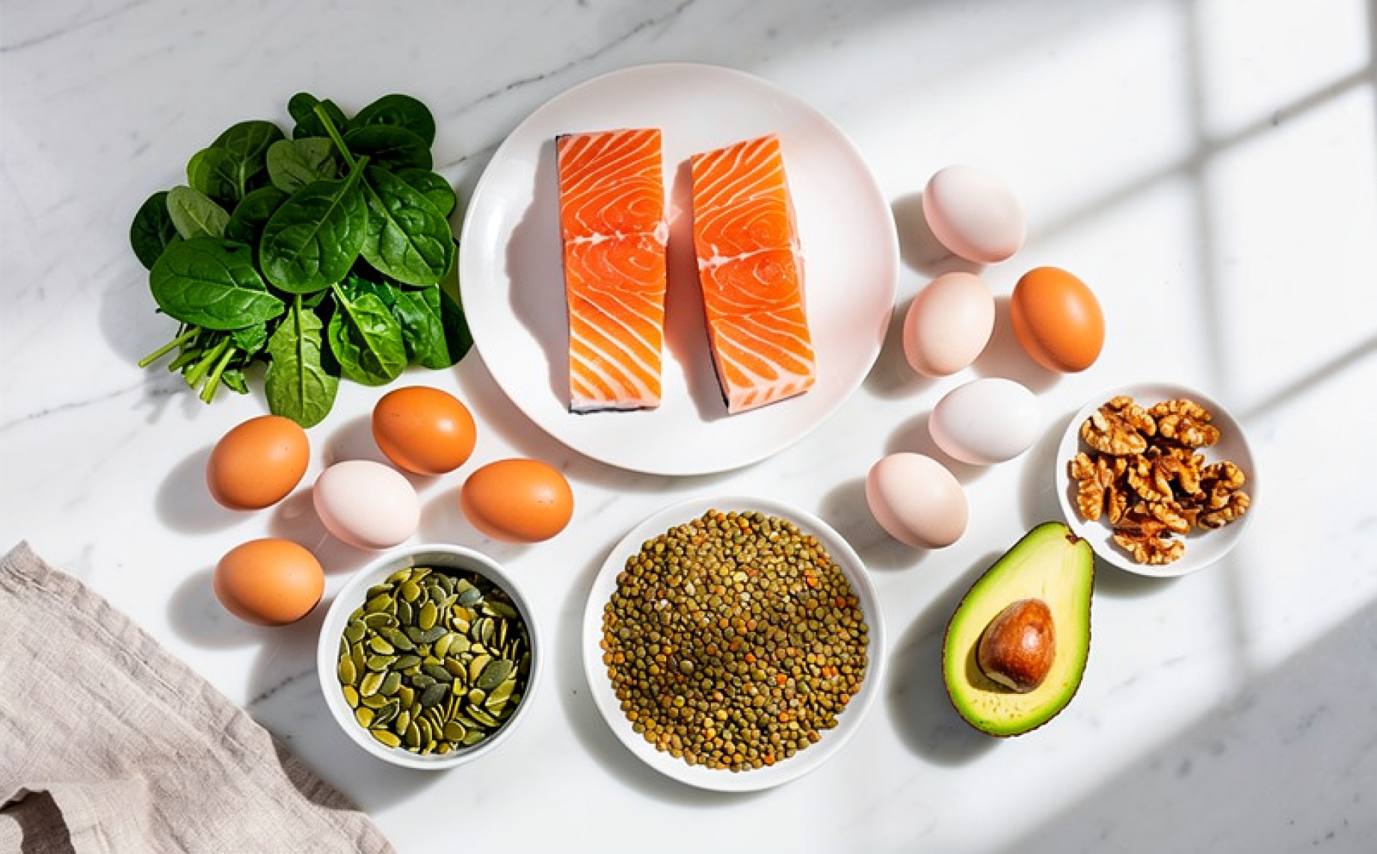 Aliments sains pour la croissance des cheveux disposés sur une table