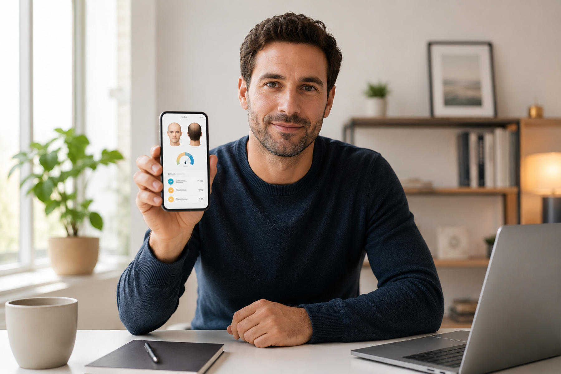 Homme estimant le nombre de greffons pour une greffe de cheveux sur smartphone