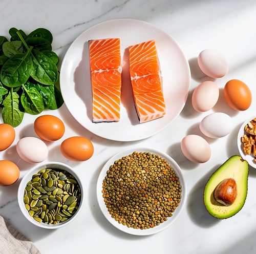 Aliments sains pour la croissance des cheveux disposés sur une table