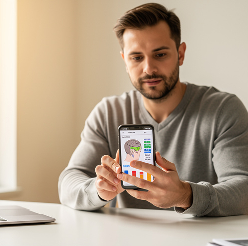 Homme estimant le nombre de greffons pour une greffe de cheveux sur smartphone