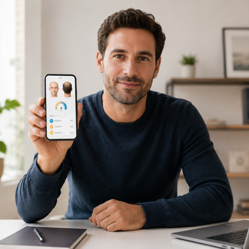 Man estimating hair transplant graft count on smartphone